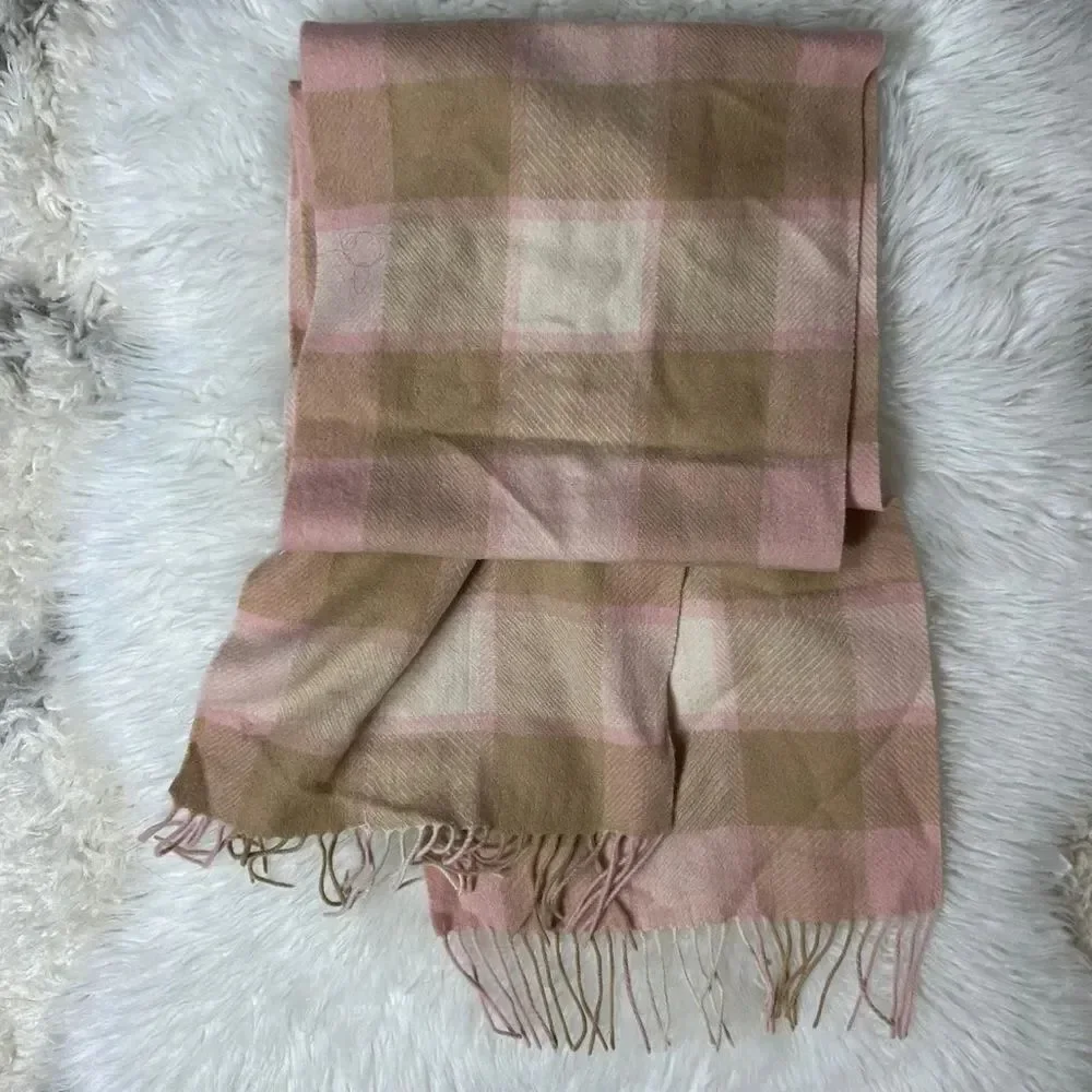 LOUISA PERINI Pink and Tan Plaid Scarf 100% Cashmere